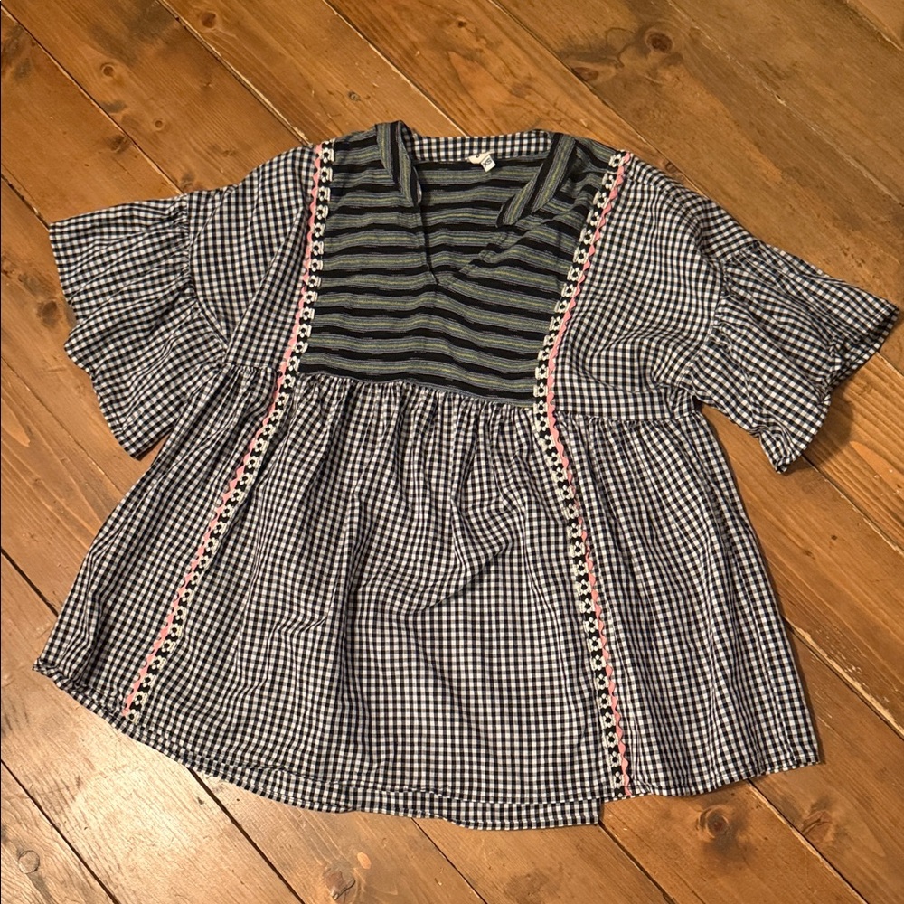 ivy jane Navy Gingham Mixed-Print Babydoll Tunic with Pink Trim